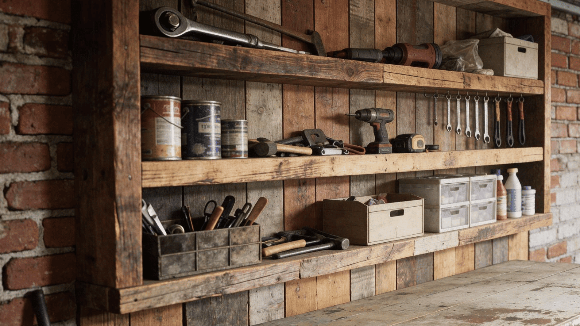 rustic garage workbench with wooden shelves holding tools paint cans and storage boxes