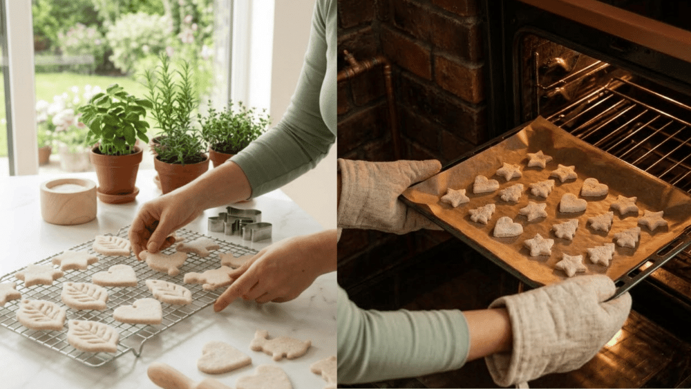 salt dough crafts being shaped and baked on a tray at home with cookie cutters