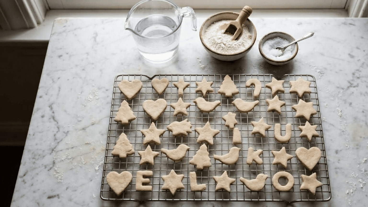 salt dough shapes and letters drying on a wire rack with flour, salt, and water nearby