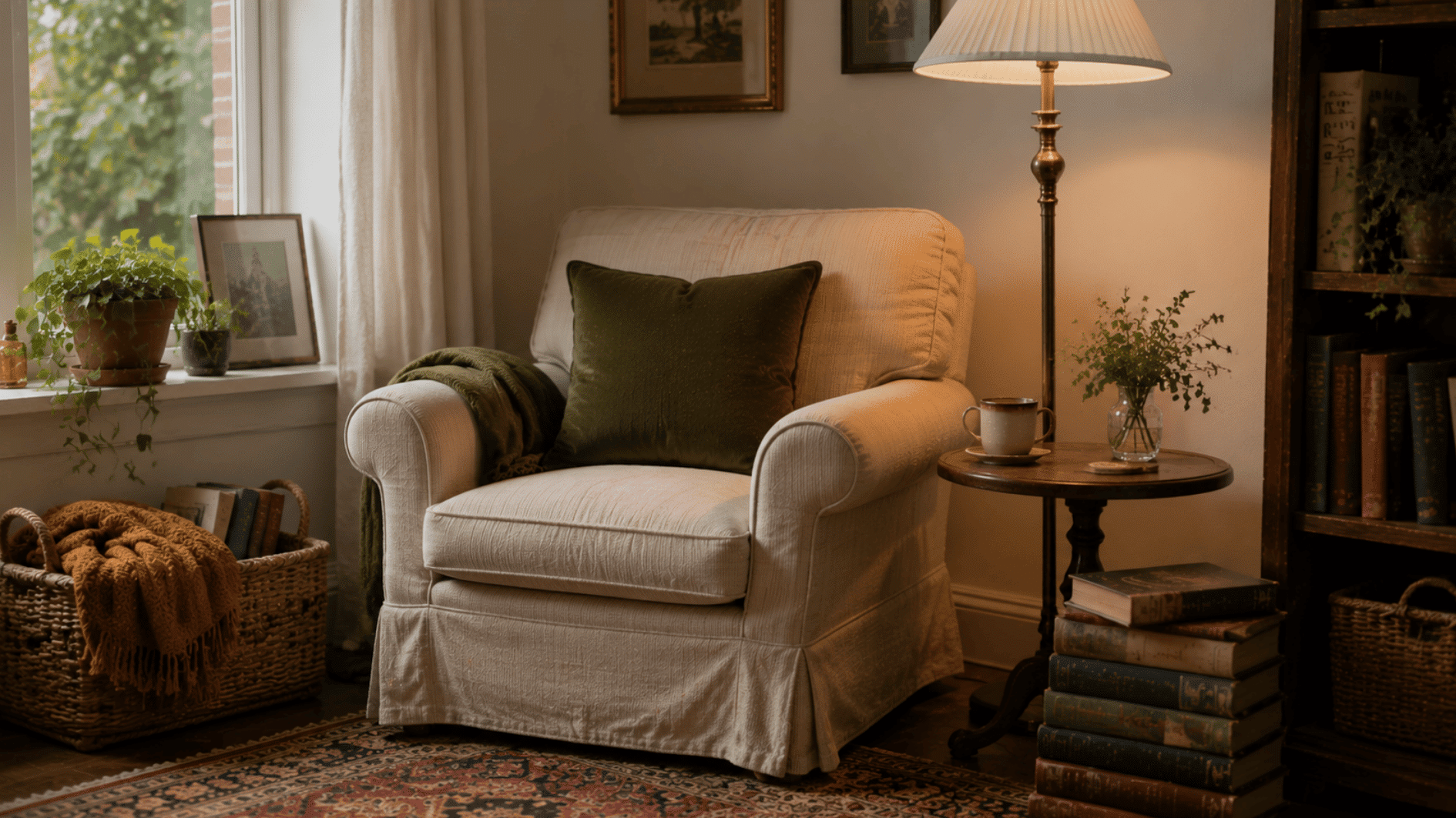 secondhand chair reading nook with restored armchair, lamp, books, side table, and budget decor ideas