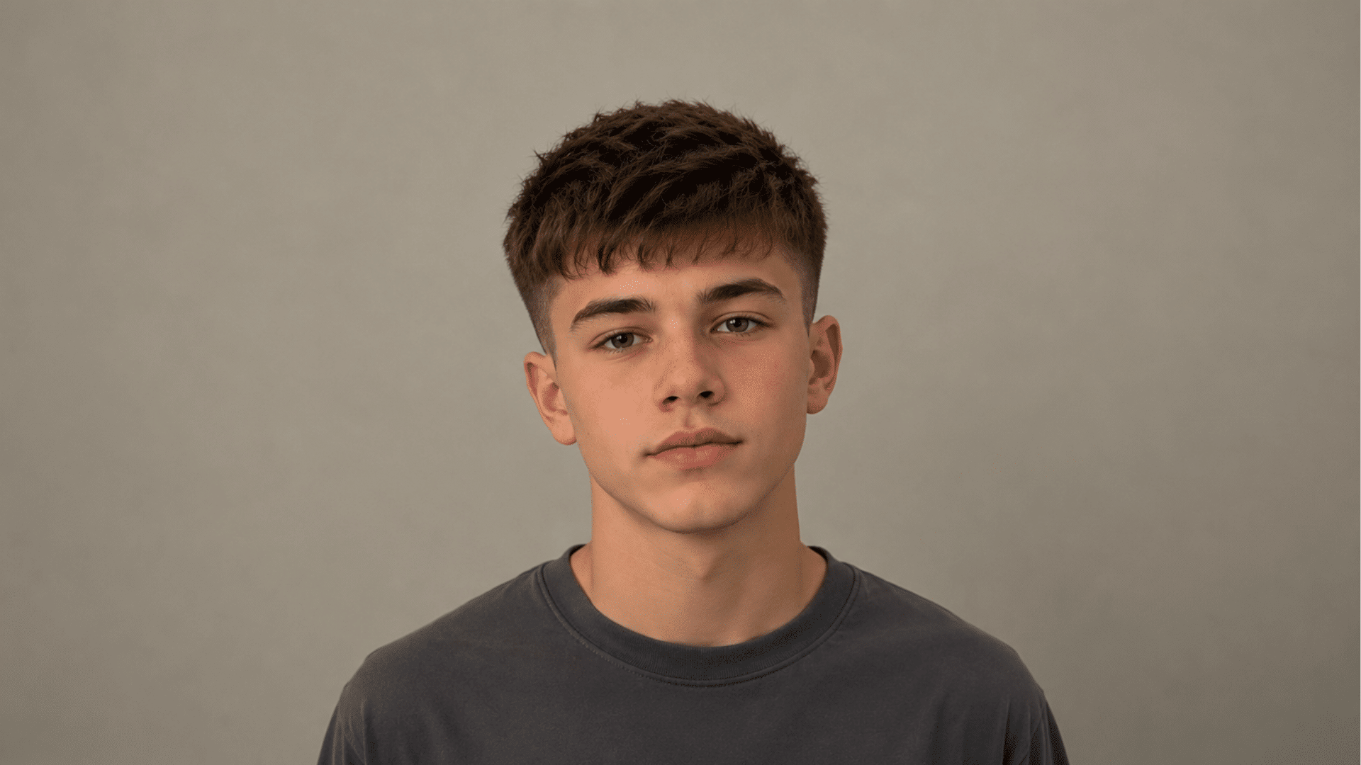 serious teenage boy showcasing textured fringe crew cut hairstyle against plain studio background