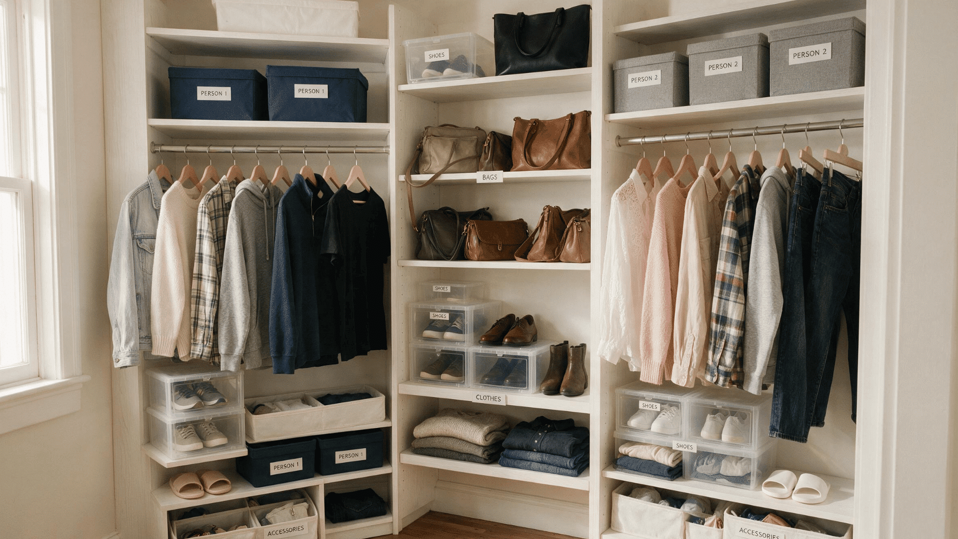 shared closet with separate labeled storage zones for clothes shoes and accessories