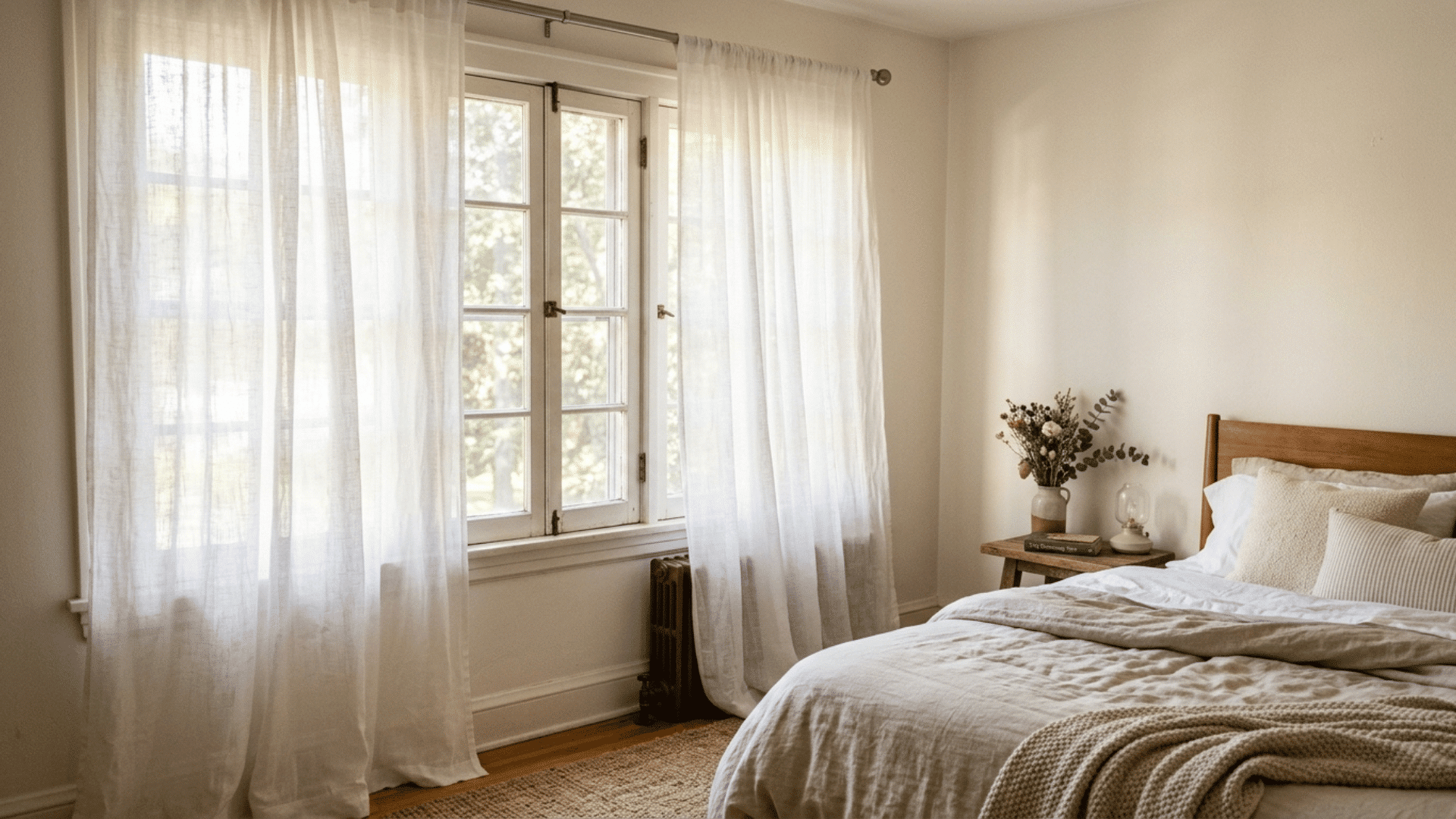sheer white curtains letting daylight into a small guest bedroom for a brighter feel