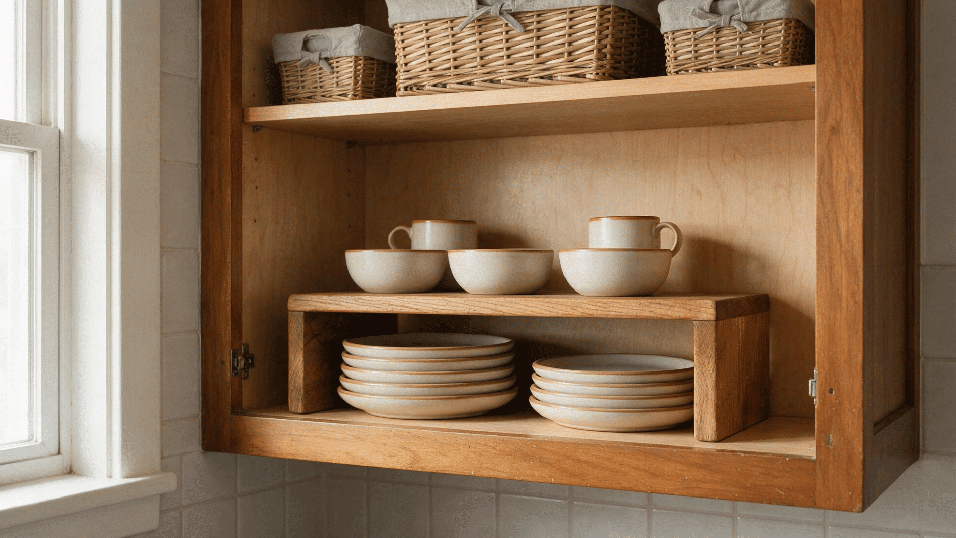 shelf riser inside a kitchen cabinet creating extra space for stacked plates and cups