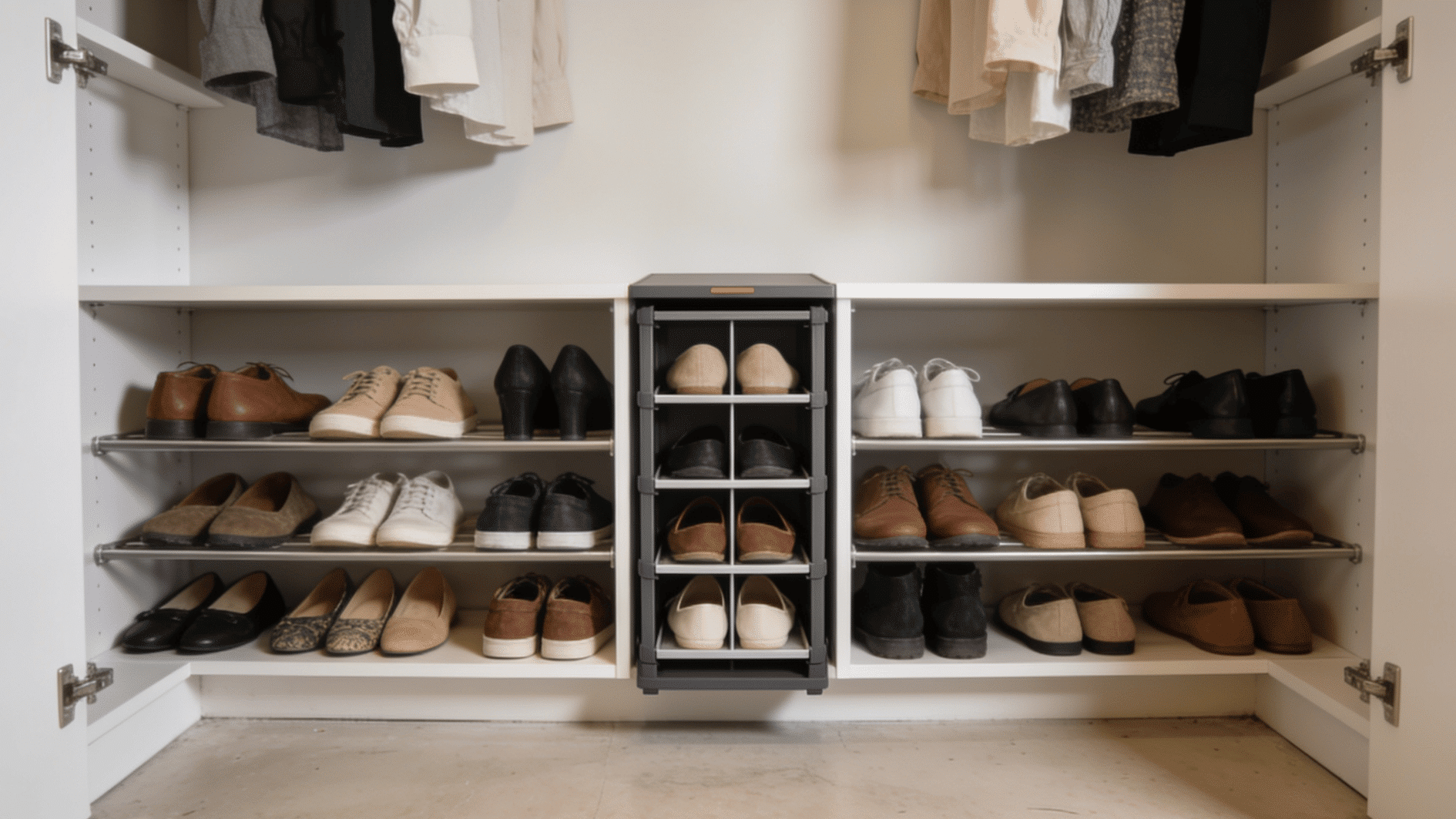 shoe storage organizer with multiple shelves and compartments keeping pairs neatly arranged in a closet