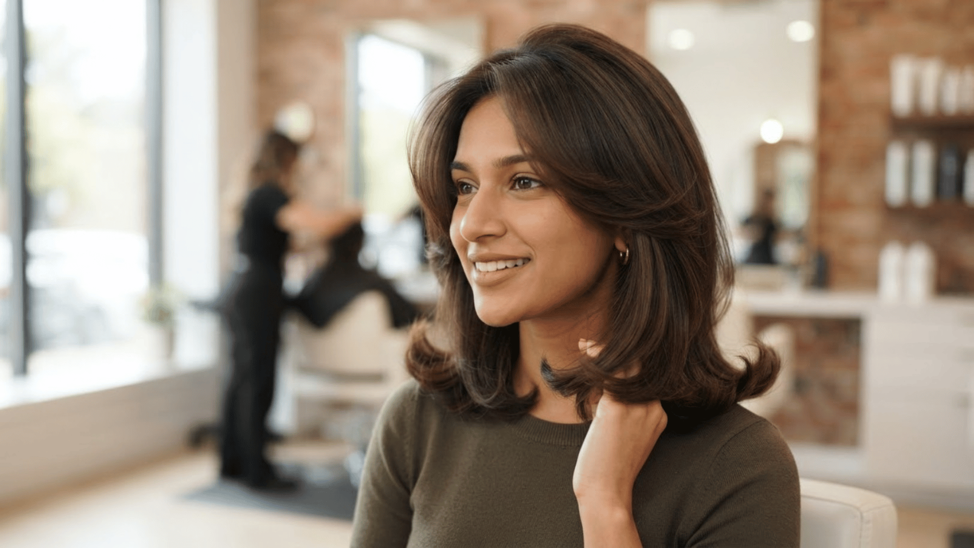 shoulder length haircut with soft layers and rounded ends styled in a modern salon setting natural hair detail (1)