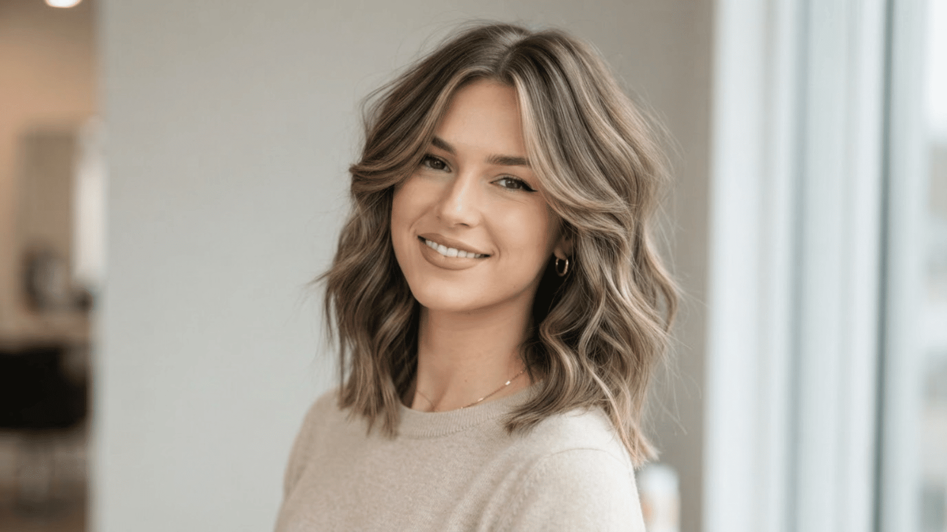 shoulder length layered haircut with soft waves and face framing pieces in a natural indoor setting (1)