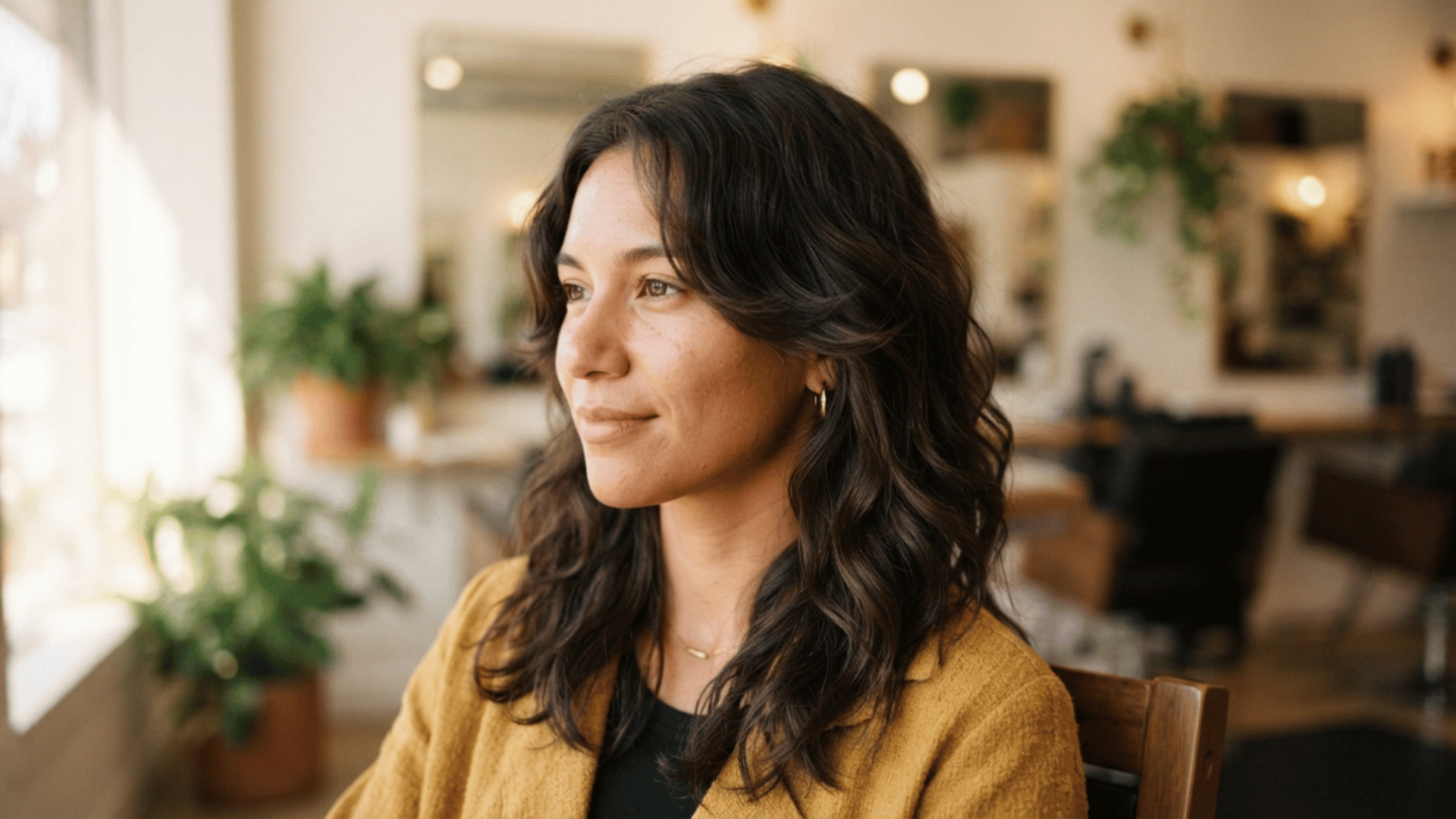 side-profile photo of a woman with dark brown wavy hair featuring soft face-framing layers at cheekbone length