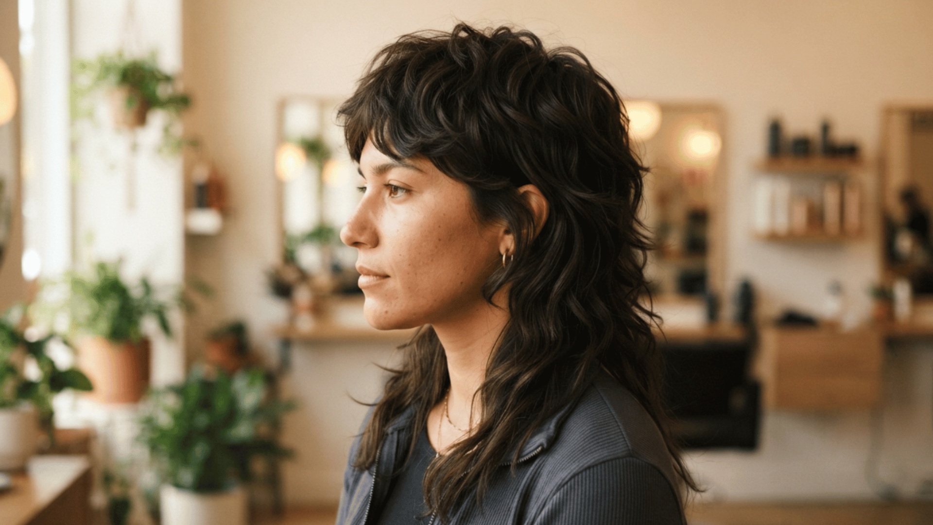 side-profile photo of a woman with thick wavy dark brown hair styled in a textured medium-length wolf cut with layers