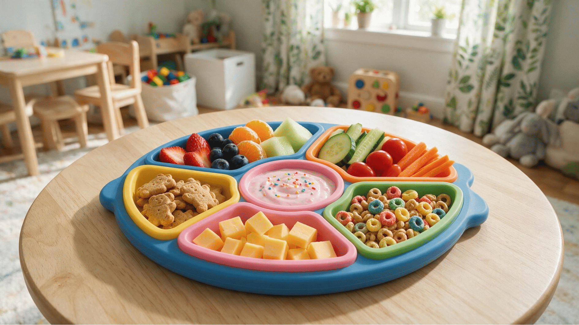 silicone kids snack board with compartments holding toddler friendly snacks and dips