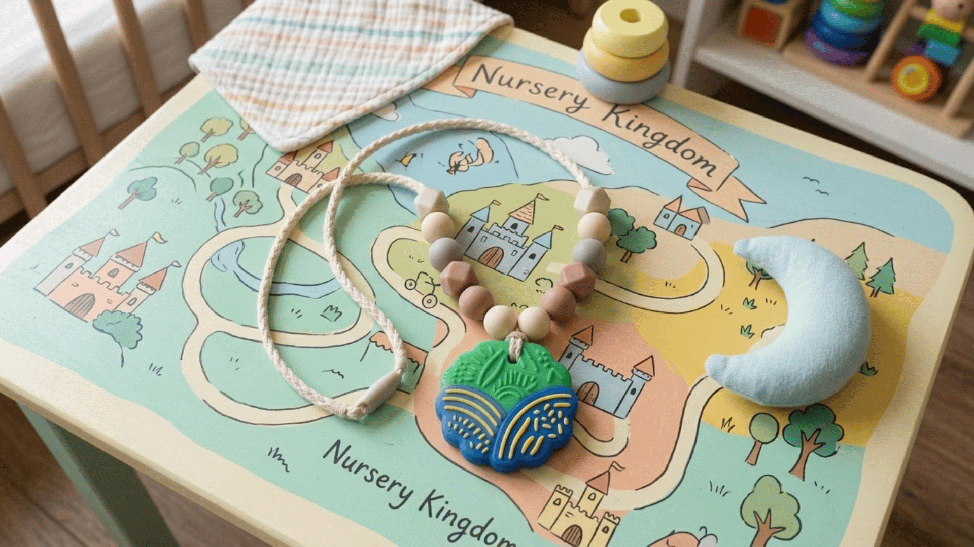 beaded silicone teething necklace with a textured pendant placed on a colourful nursery play table
