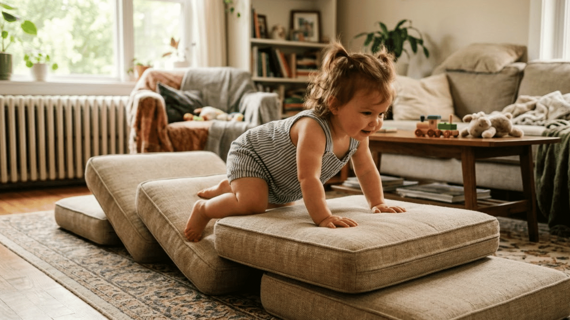 toddler crawls over stacked couch cushions during a simple indoor obstacle course