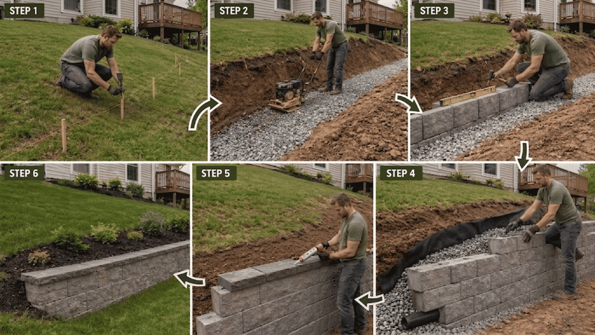 six-step diy retaining wall process from layout and trench prep to drainage, block setting, caps, and finish