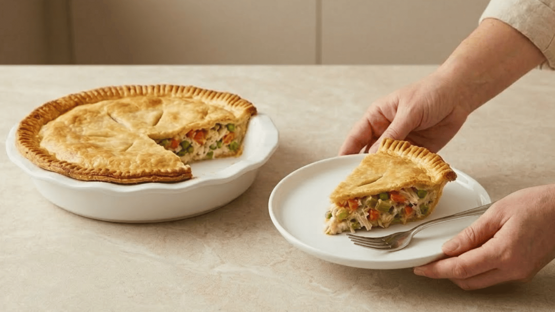 slice of chicken pot pie with peas and carrots served on a plate with a fork
