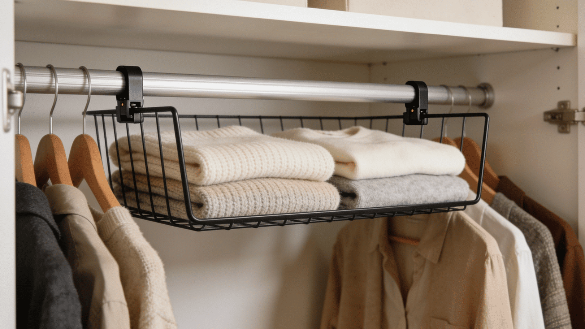 slim over rod shelf organizer adding extra closet storage space above hanging clothes for folded items