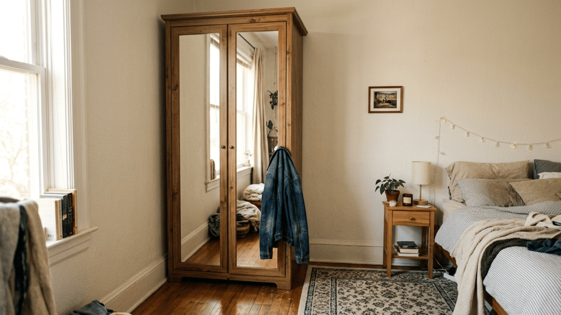 slim wardrobe with mirrored doors in a small guest bedroom corner without a built-in closet