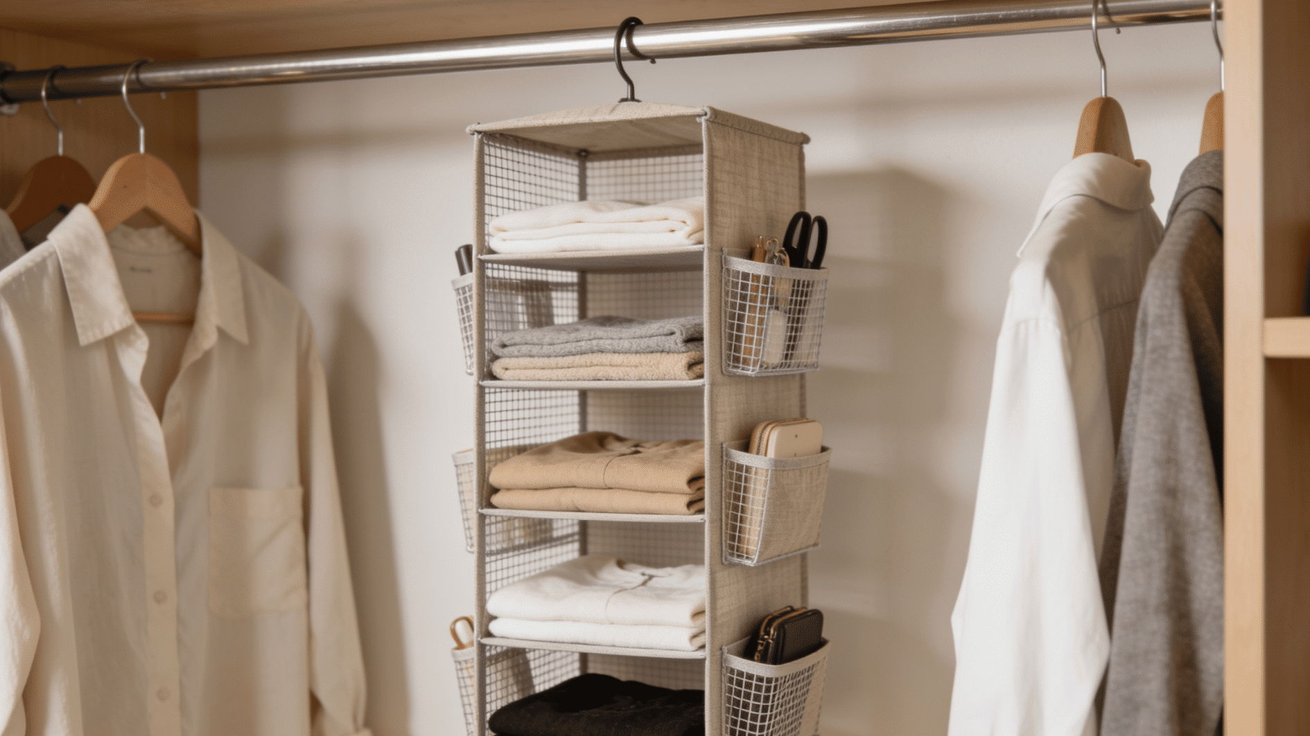 slimline hanging closet organizer with fabric shelves and side pockets storing folded clothes and accessories