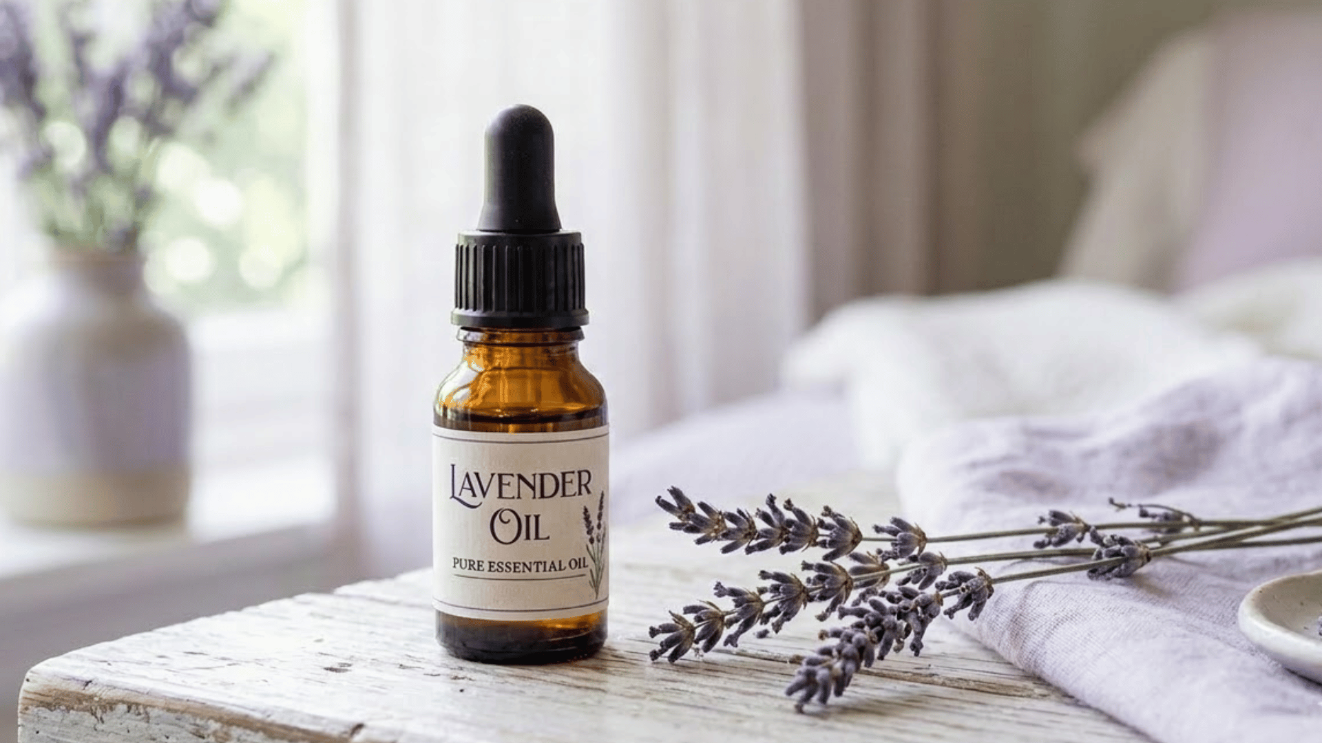small bottle of lavender oil labeled for dry shampoo use