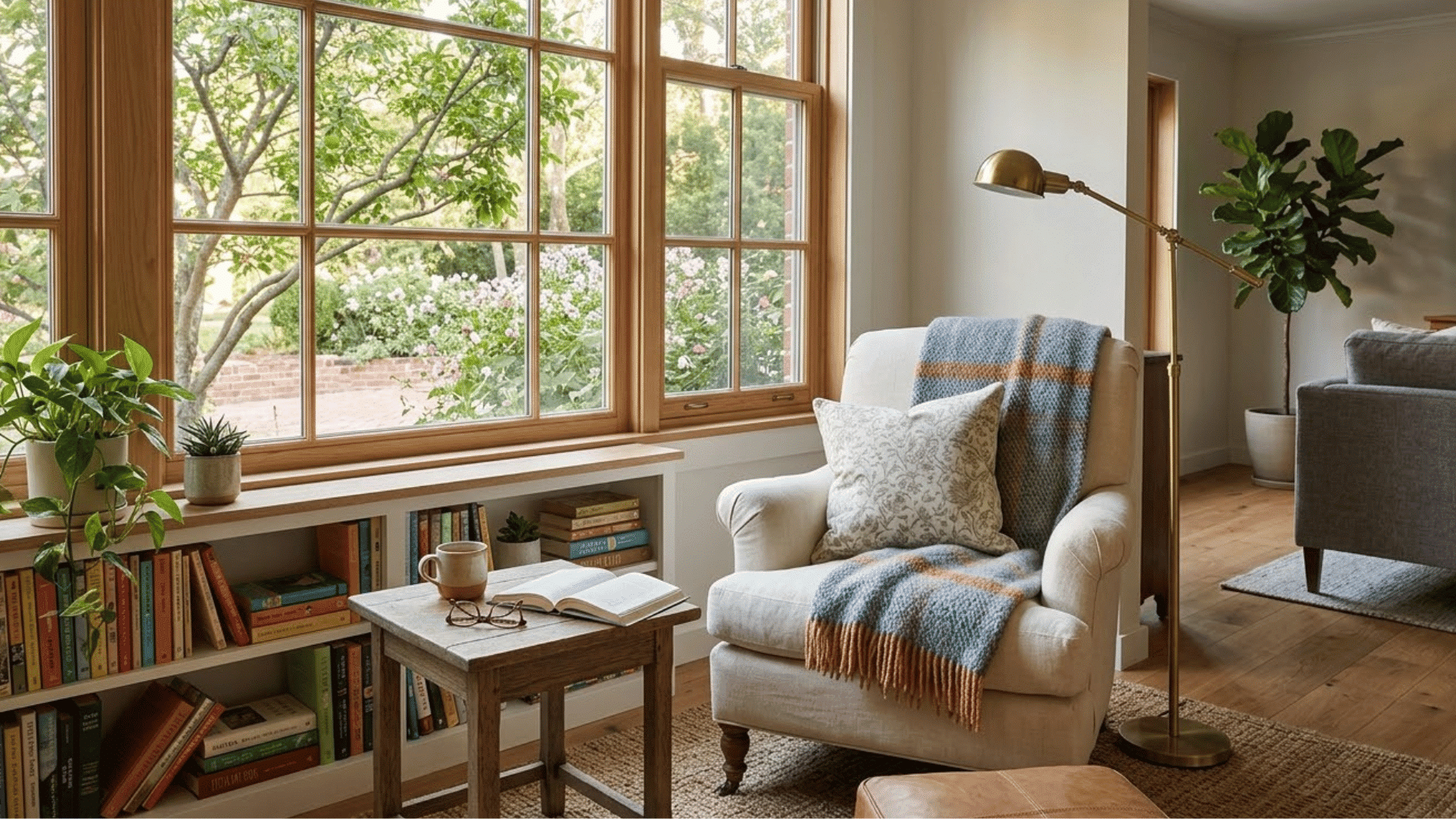 small chair and side table with a lamp positioned near a window in a guest bedroom