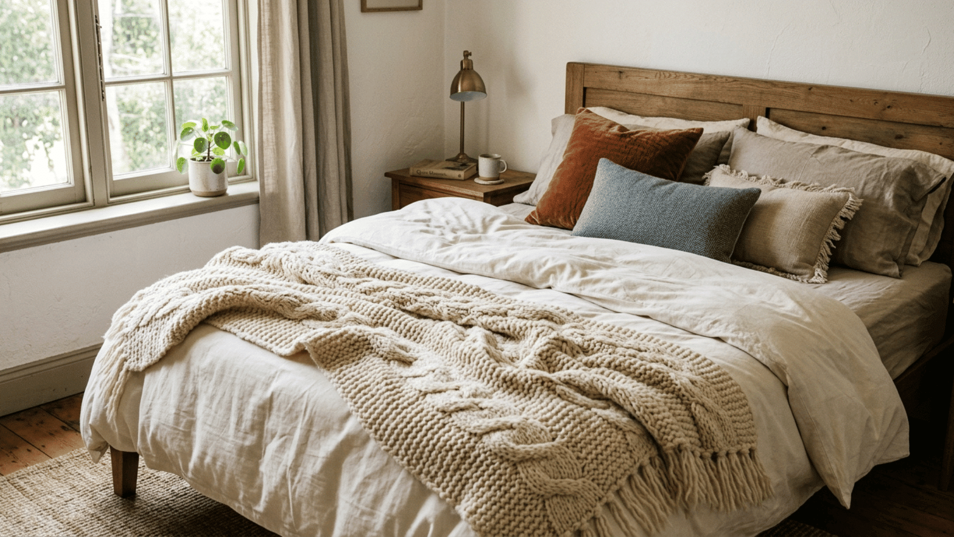small guest bedroom bed layered with a knit throw and textured pillows for warmth