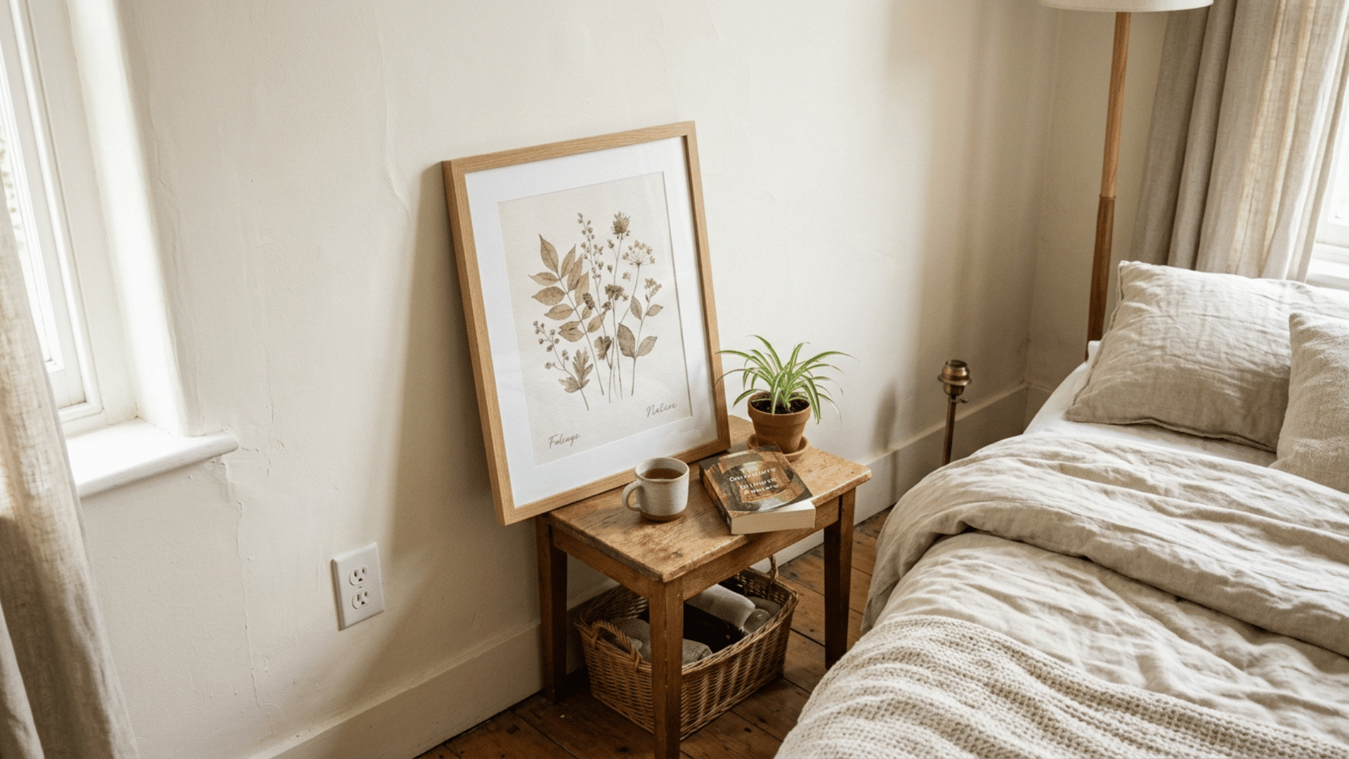 small guest bedroom corner painted in soft warm white to make the walls feel farther apart