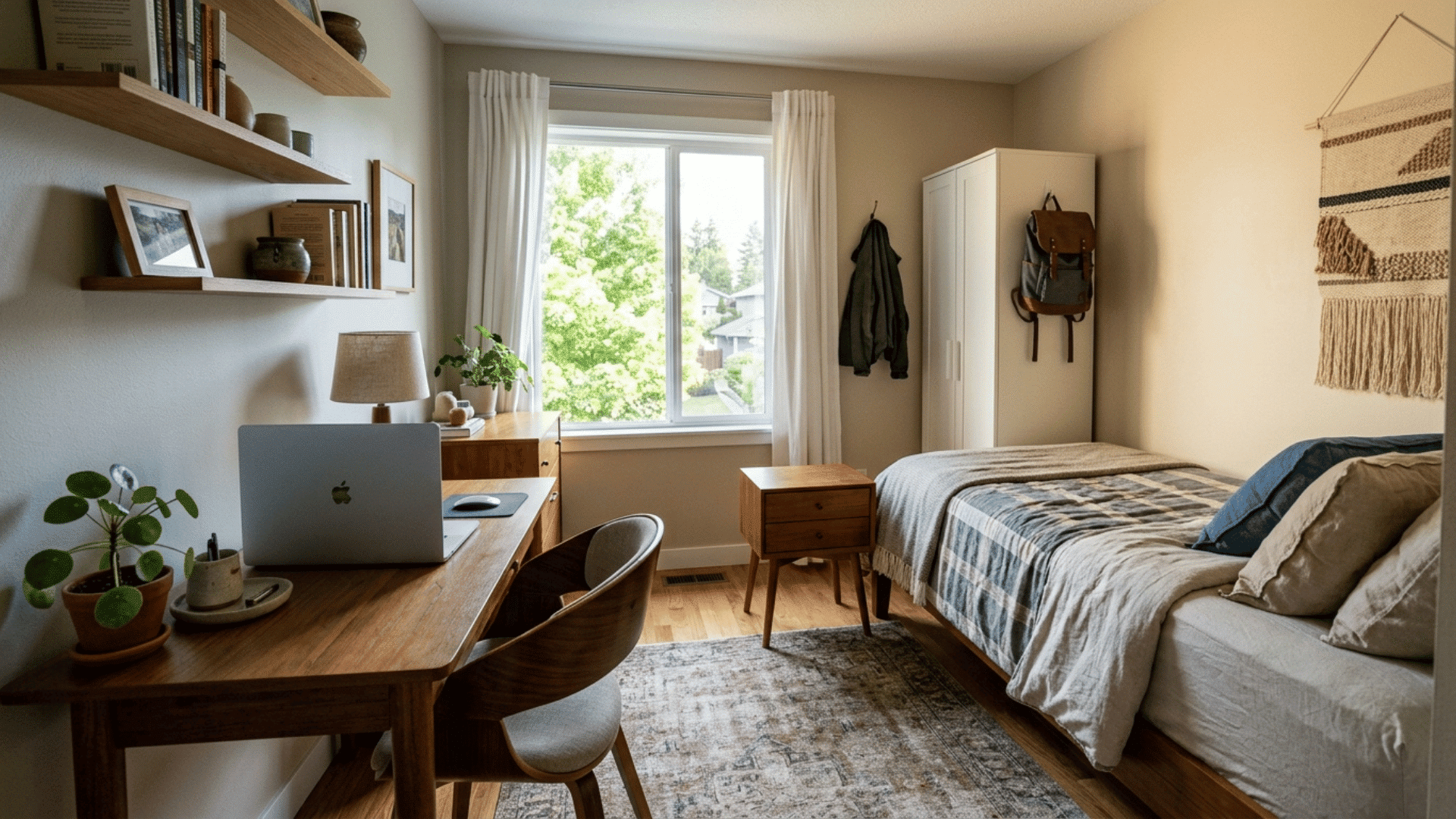small guest bedroom with a bed and a desk facing away from it for dual-purpose use
