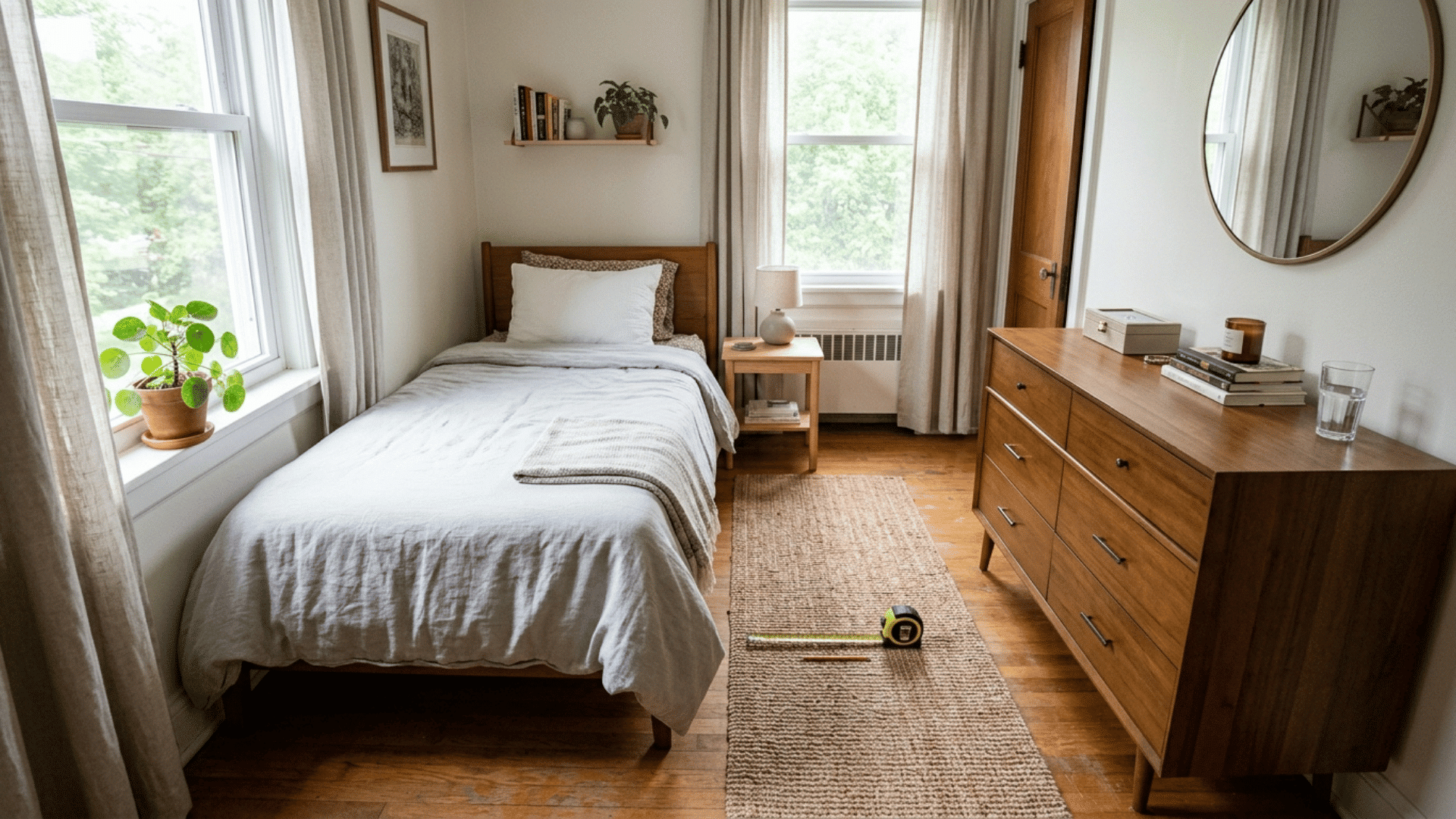 small guest bedroom with a clear walking path between the bed and dresser for easy movement