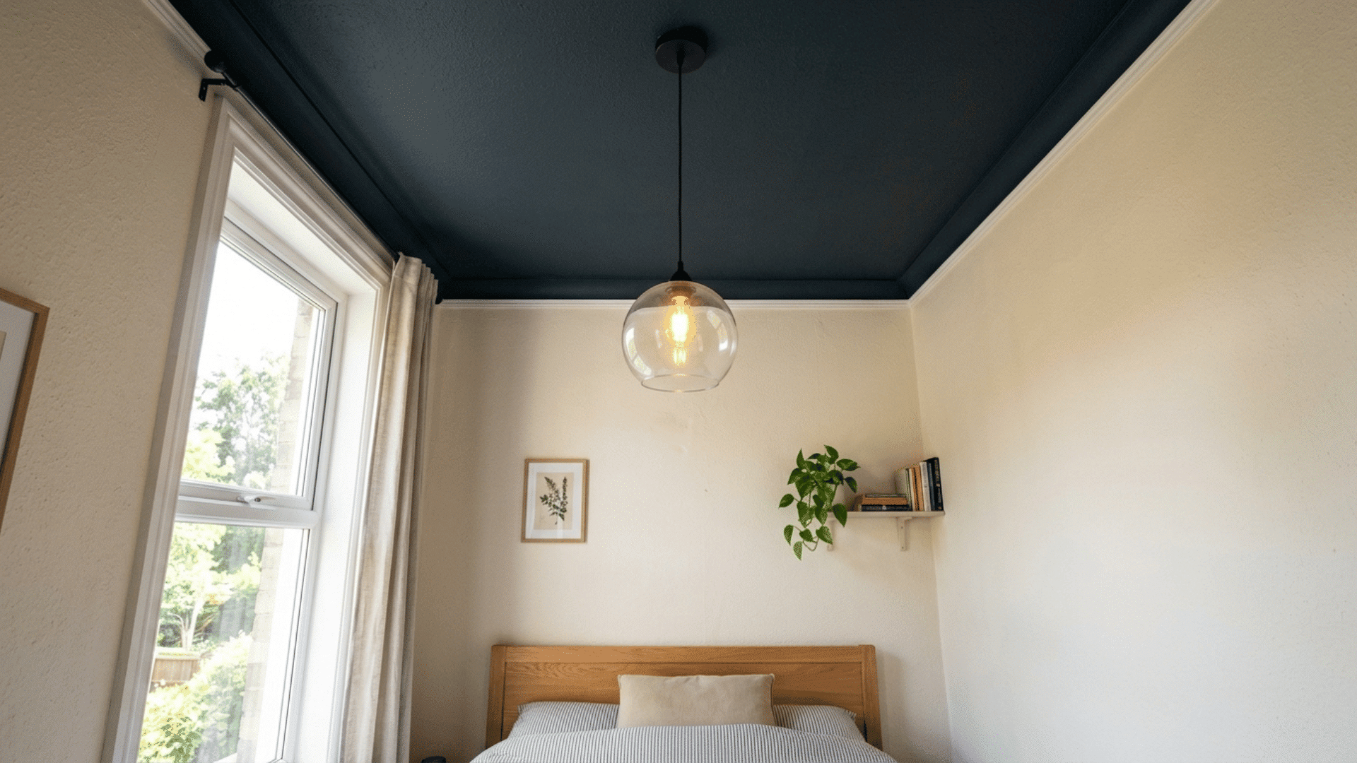 small guest bedroom with a dark painted ceiling to make the room feel taller
