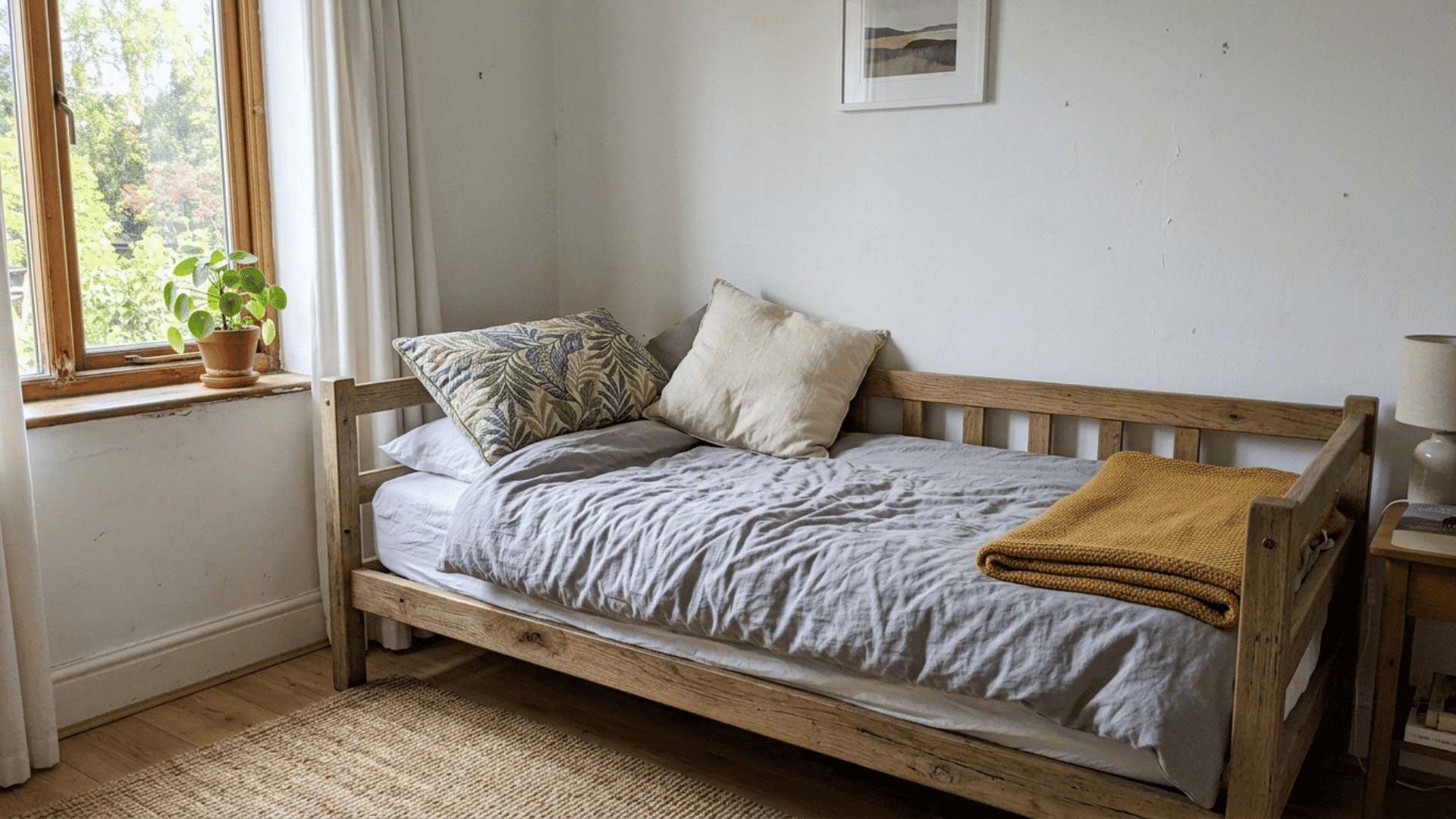 small guest bedroom with a wooden daybed styled as a sofa, saving floor space in a compact room