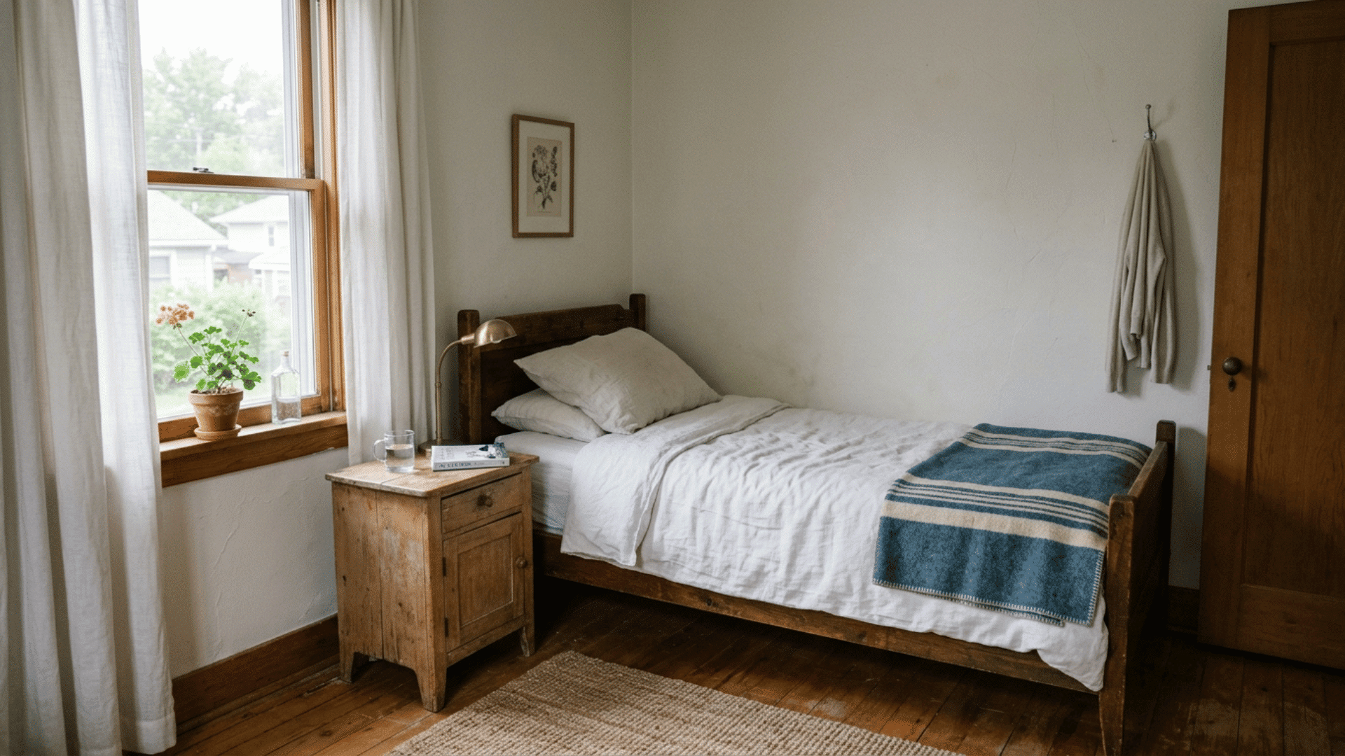 small guest bedroom with only a bed and one nightstand instead of a full matching set