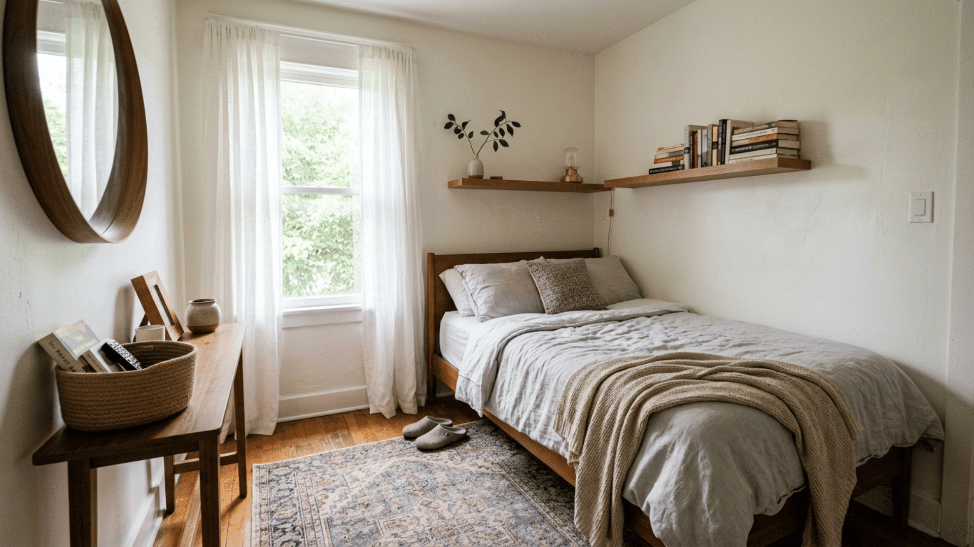 small guest bedroom with a daybed, floating shelves, and a mirror styled for a cozy, space-saving look