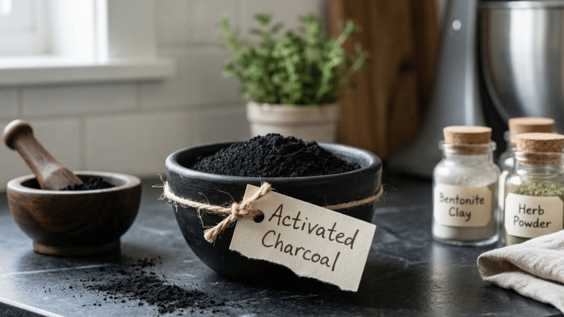 small jar of activated charcoal labeled for dry shampoo use