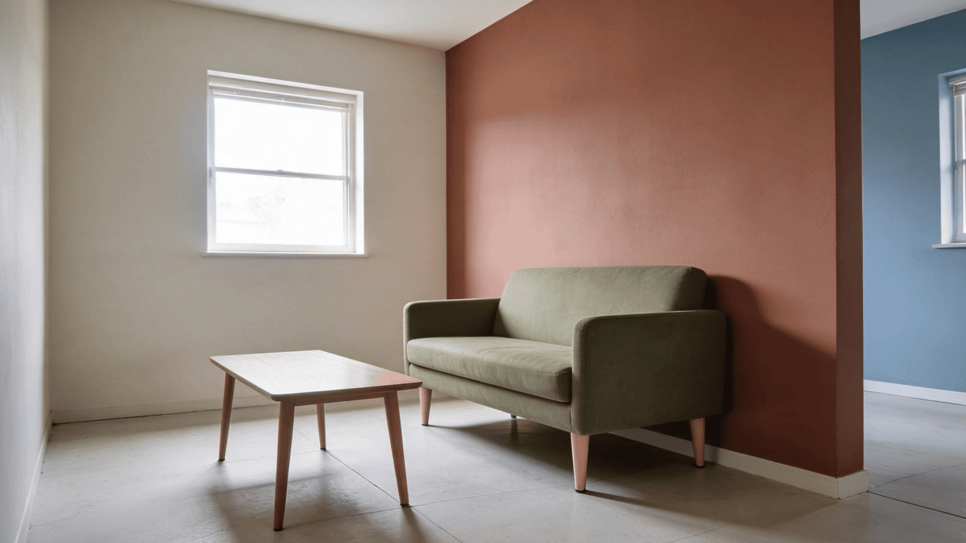 small living room with contrasting walls, simple furniture, and open floor space showing a balanced room design