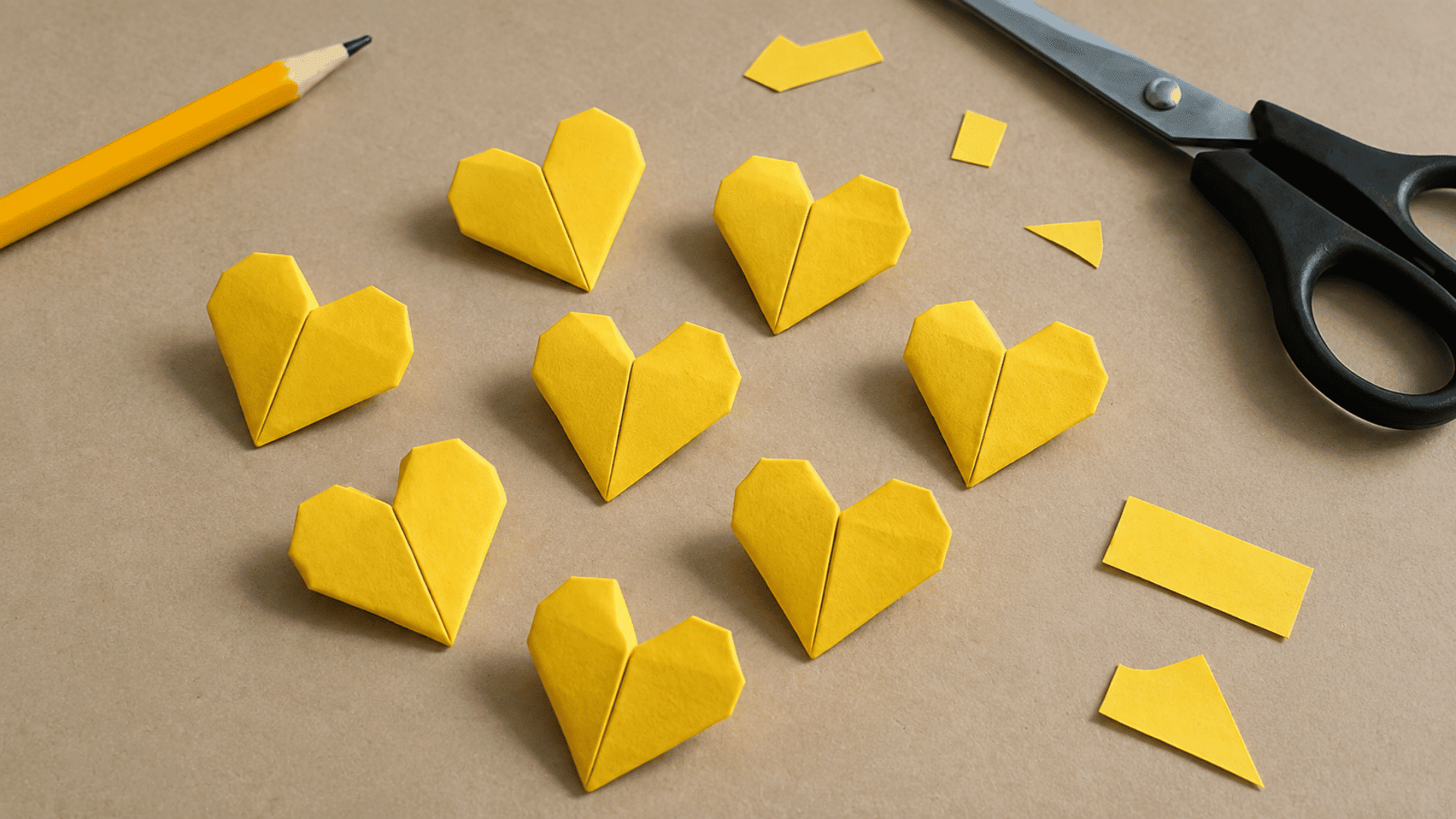 small yellow paper hearts arranged on a craft table with scissors and paper scraps