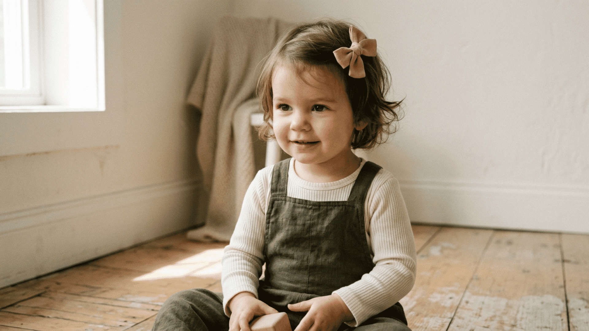smiling toddler girl with a pink hair bow sitting on a wooden floor in soft natural light