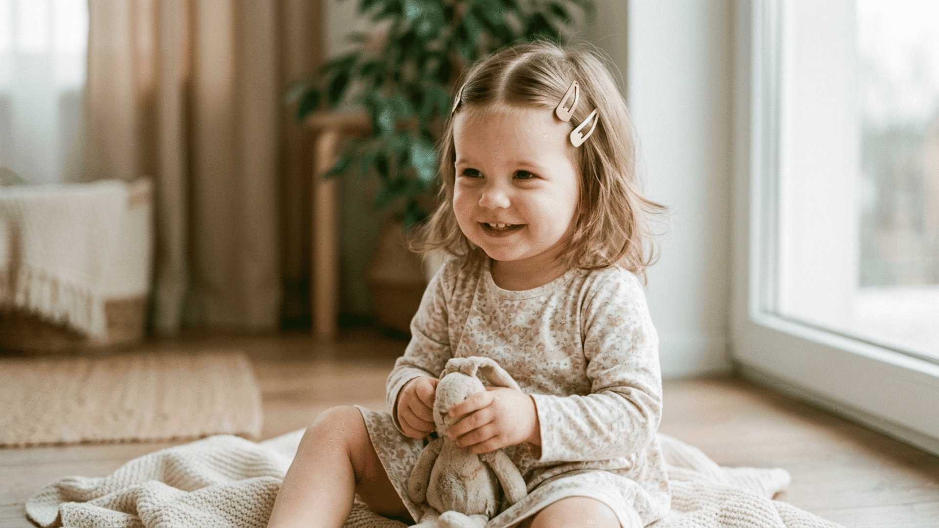 smiling toddler girl with colorful hair clips sitting on a blanket and holding a soft toy bunny