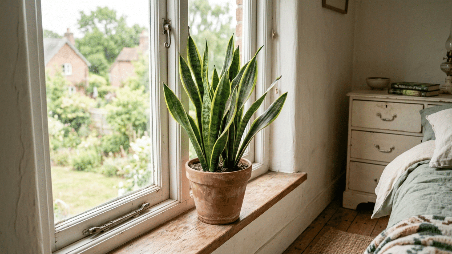 snake plant on a windowsill bringing greenery into a small guest bedroom