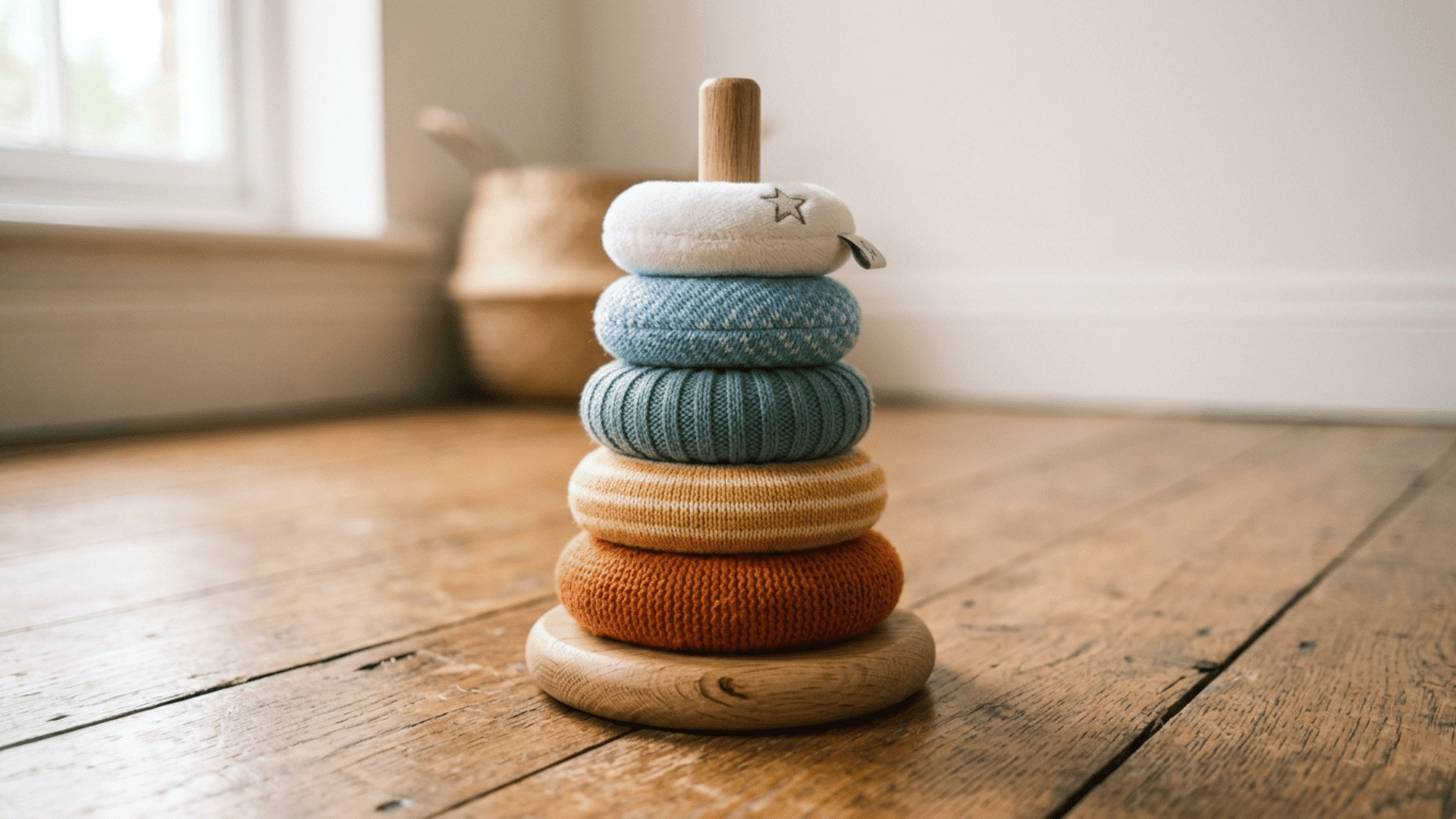 soft fabric stacking rings in muted colours arranged on a wooden base across a warm nursery floor