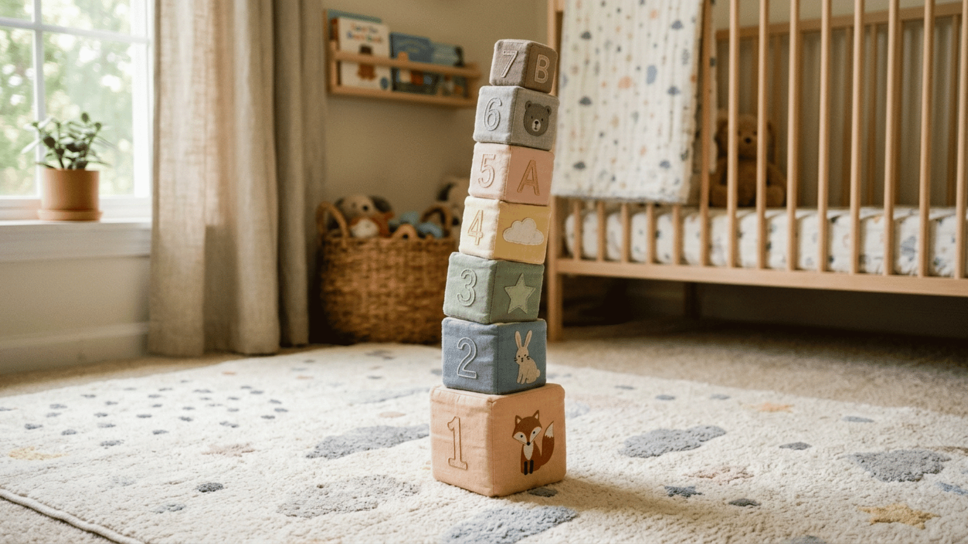 tall tower of pastel fabric blocks with numbers, letters and animals standing on a nursery rug