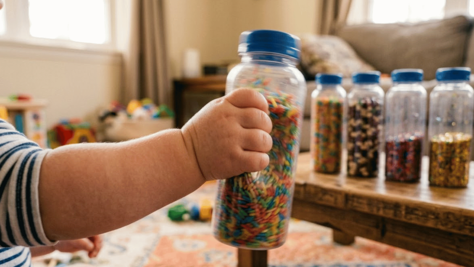 toddler hand grips a small plastic bottle filled with colorful rice to shake