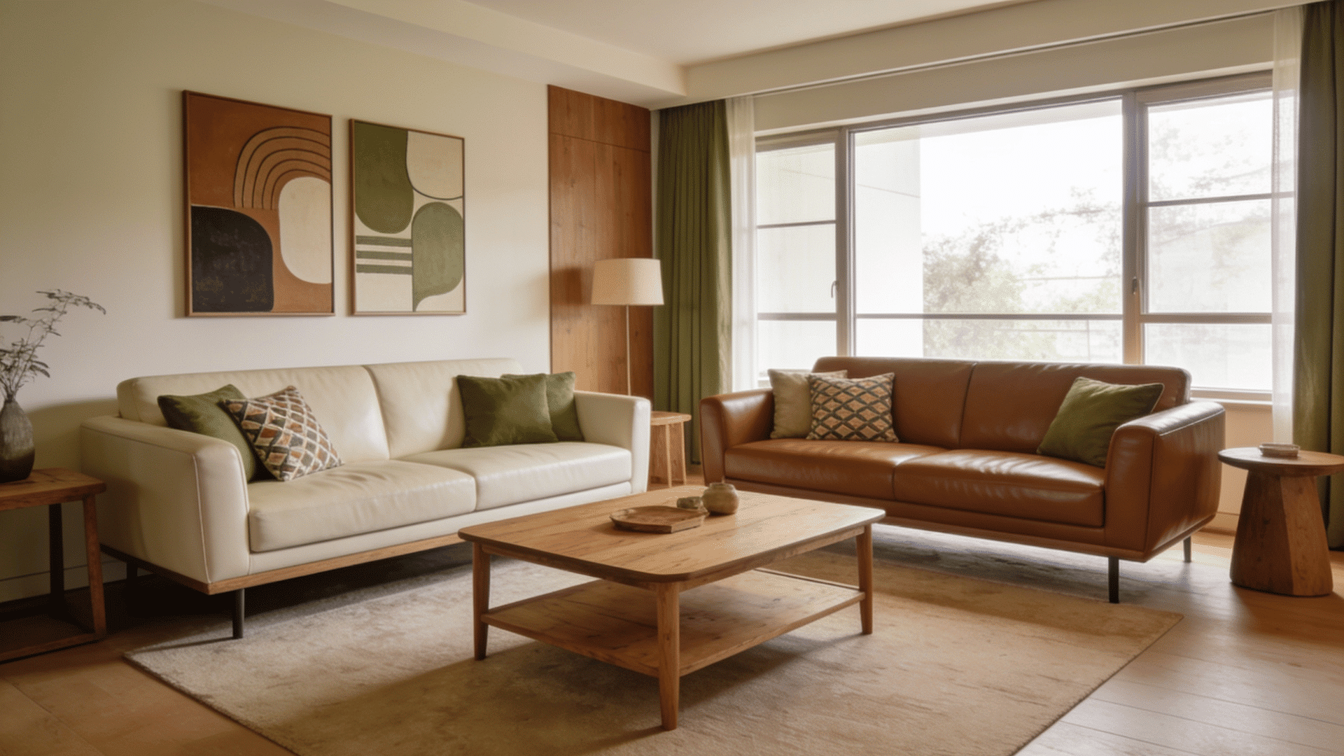 spacious living room with large windows, matching sofas, and open furniture arrangement creating a balanced layout