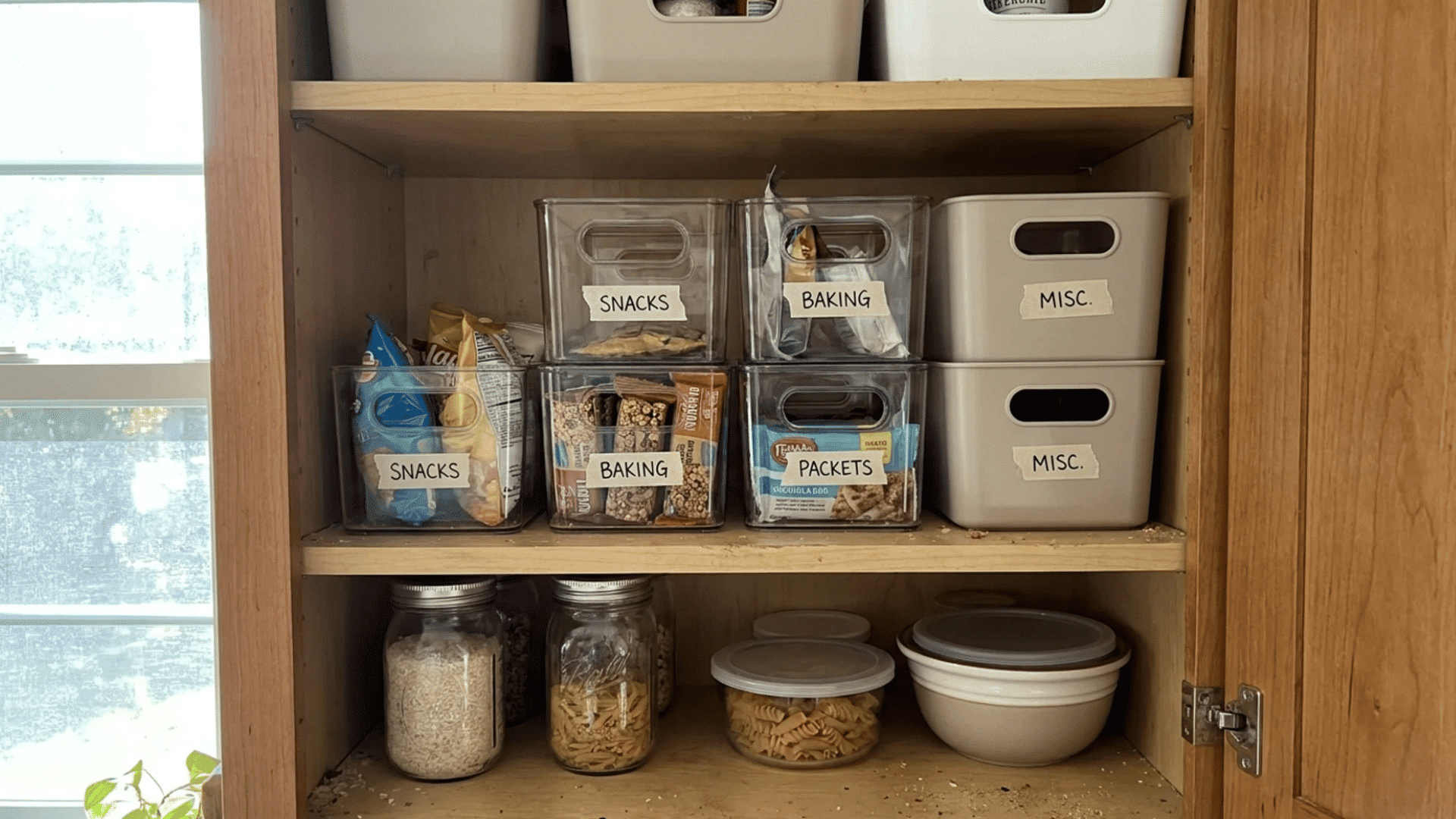 stackable bins organizing snacks baking supplies and pantry packets in a kitchen cabinet