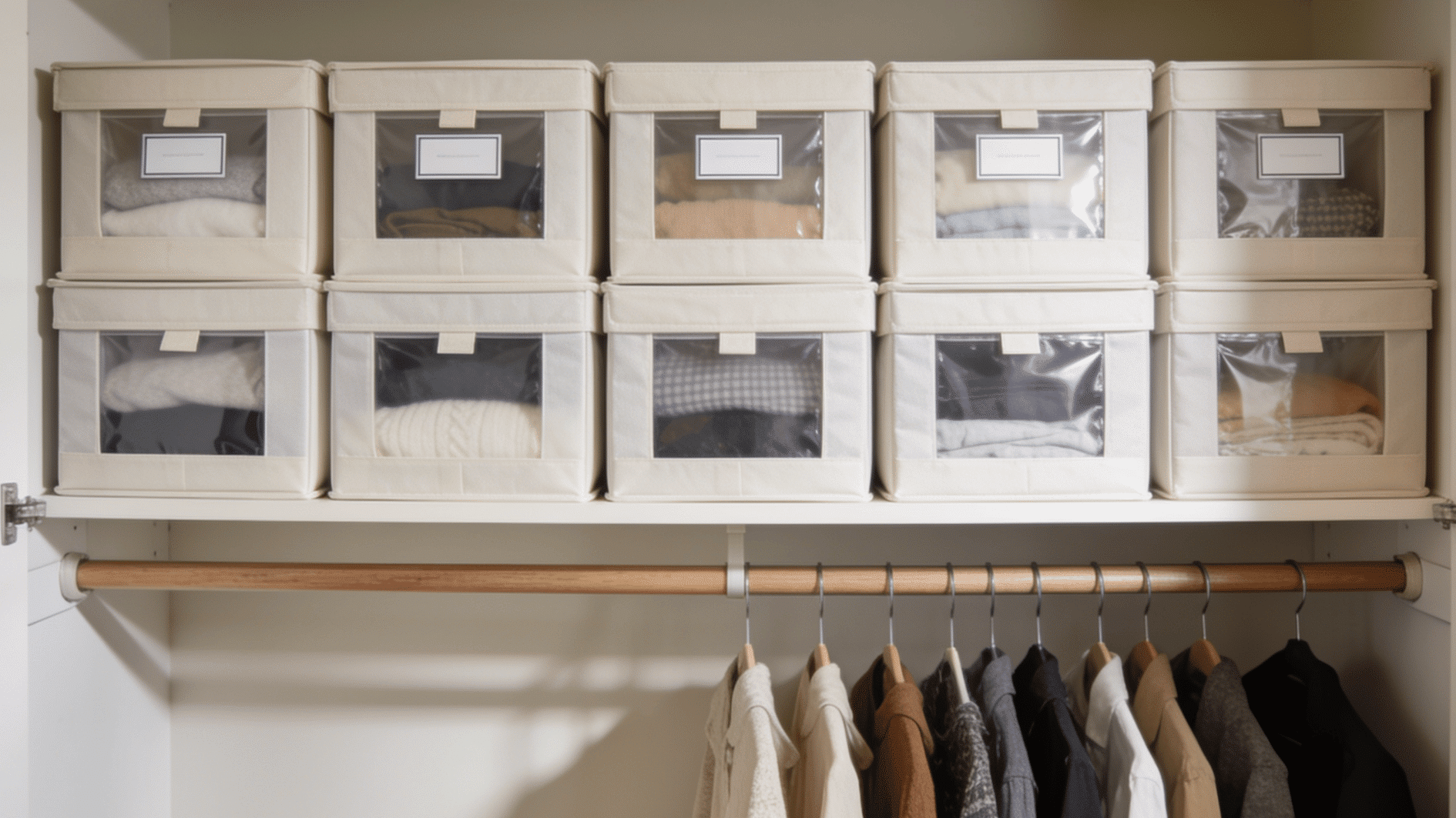 stackable storage bins placed above a closet rod to maximize vertical space and organize folded clothing