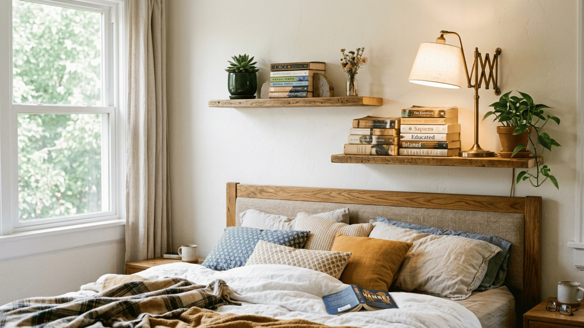 staggered floating shelves above a bed headboard holding books and a small reading lamp