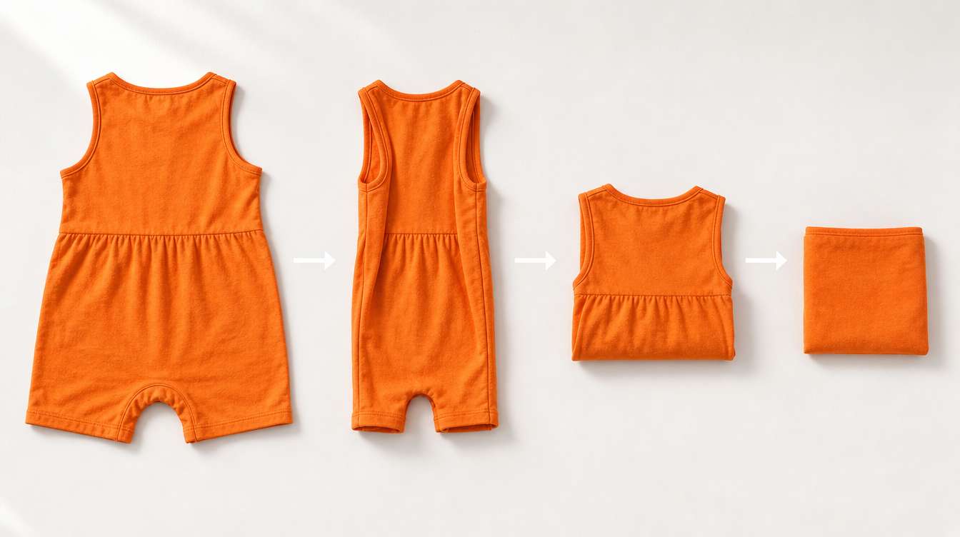 step-by-step method for folding a baby romper into a small square for storage