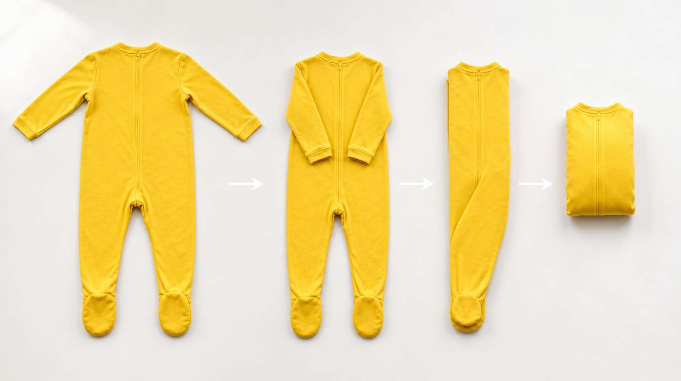 step-by-step method for folding a footed baby sleeper into a neat rectangle