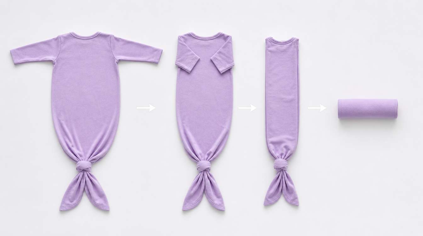 step-by-step method for folding a knotted baby gown into a compact shape