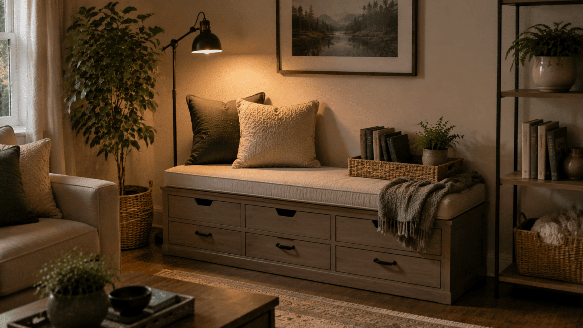 storage bench reading corner with cushioned seat, hidden storage, books, lamp, and cozy home decor