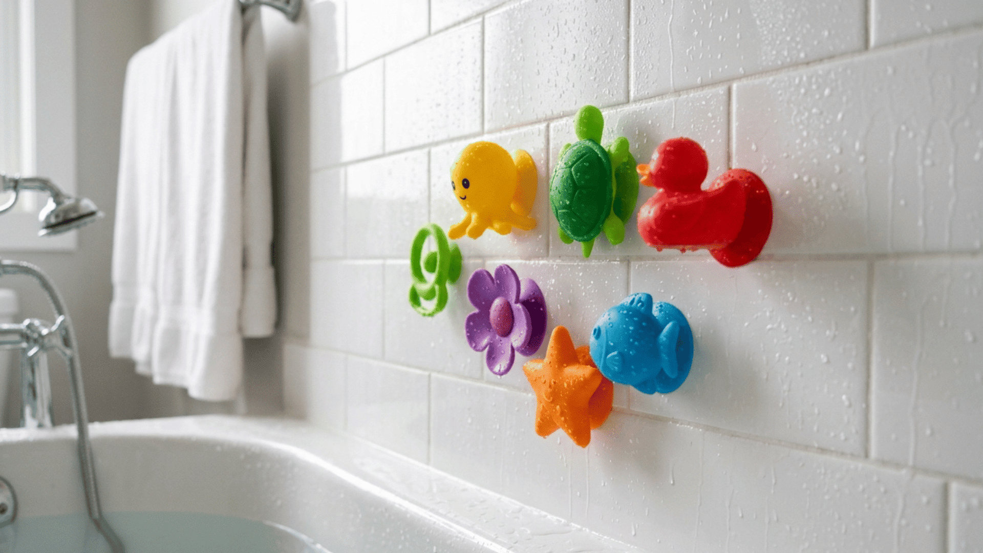 colourful animal and flower suction toys attached to wet bathroom tiles above a filled bathtub