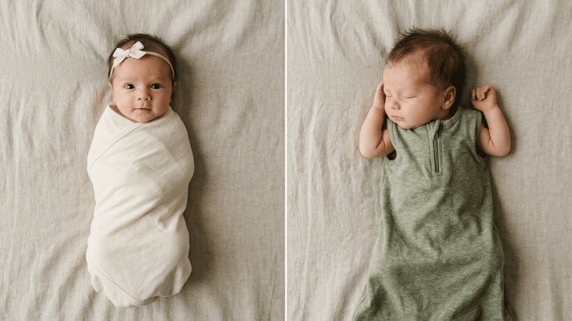 split image comparing a newborn swaddled with arms in versus a baby wrapped in a sleep sack with arms free